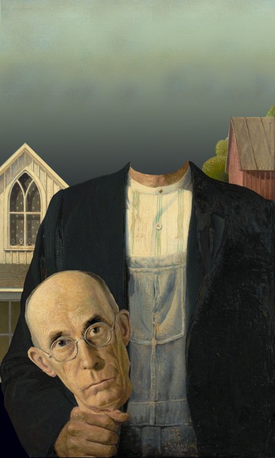 Image of Grant Wood's American Gothic painting, edited to be truly gothic in subject (the man is headless).