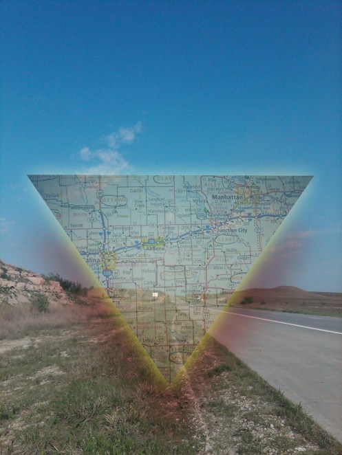 A semi-transparent triangle-shaped map over a photo of a road through the Flint Hills