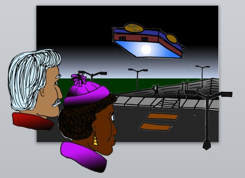 Incredulous bystanders witness a MightyMart take off into space