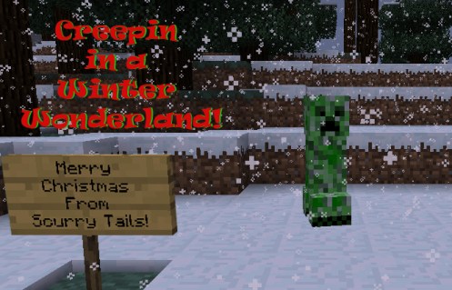A Minecraft Creeper in a Christmas card winter scene