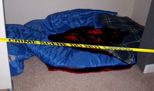Bloody sleeping bag in a closet crime scene
