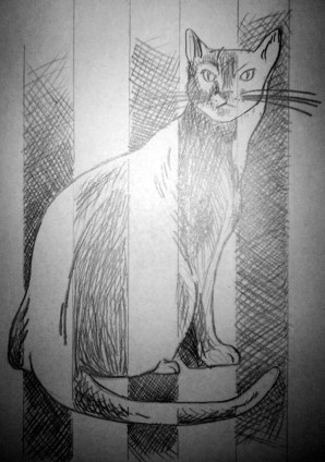Pencil drawing of a black cat behind bars or in a crib -- in alternating stripes of good white and evil black