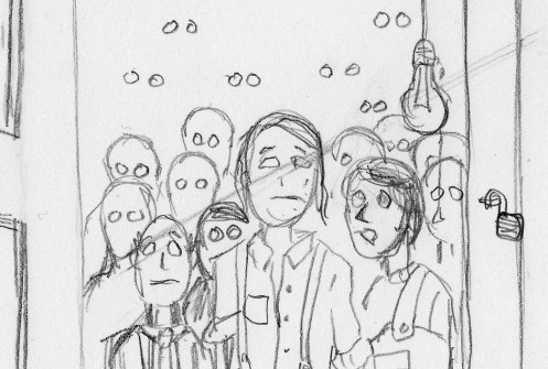 Pencil sketch of a basement full of the collection of boarders.