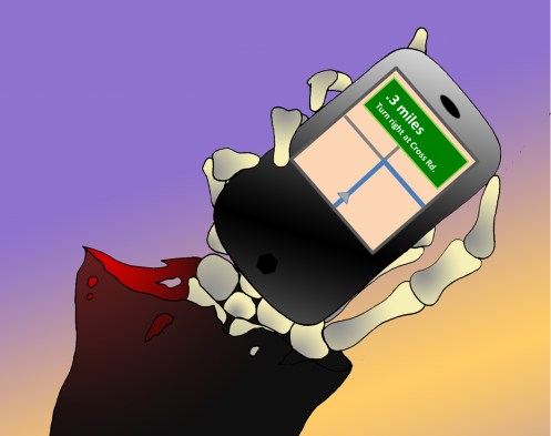 Death holds a smart phone with a deadly map app.pp
