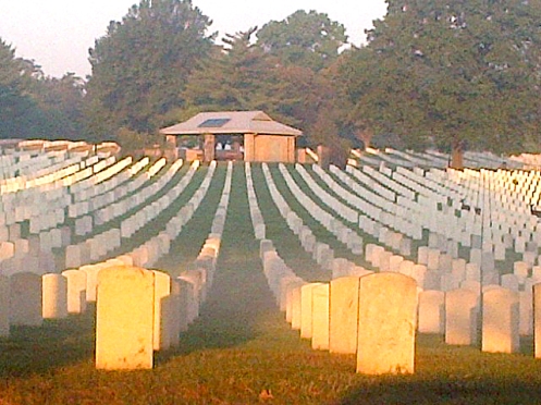 Jefferson Barracks National Cemetery on a morning with light fog burning off