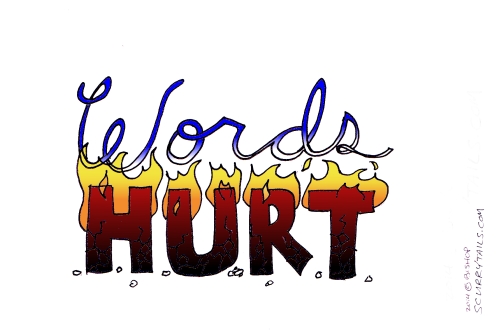 Letters spelling out "Words Hurt" with "Hurt" on fire and crumbling
